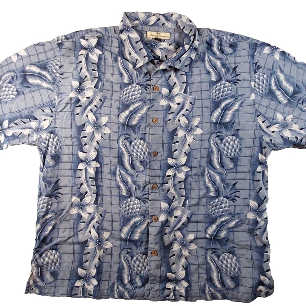 Tommy Bahama Pineapple Petal Blue and white silk White Hawaiian Shirt